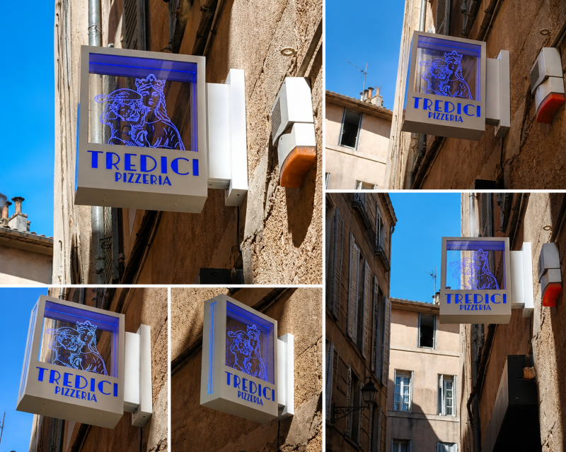 Enseigne drapeau recto verso sur mesure à Aix-en-Provence pour pizzeria avec éclairage LED indirect